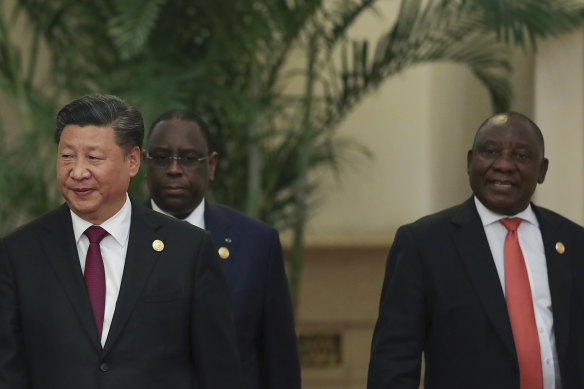 From left: Chinese President Xi Jinping, Senegalese President Macky Sall and South African President Cyril Ramaphosa attend a China-Africa summit in 2018.
