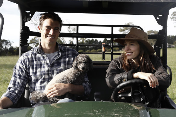 Cummins, wife Becky Boston and Norman the dog  at the couple’s NSW Southern Highlands farm.