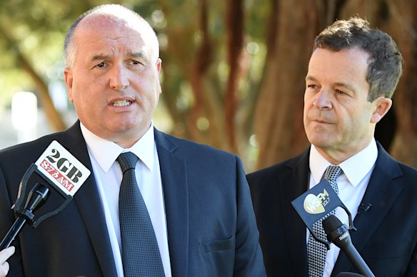 NSW Police Minister David Elliott, left, and NSW Attorney-General Mark Speakman dismiss claims that Ms Berejiklian's leadership is under threat.