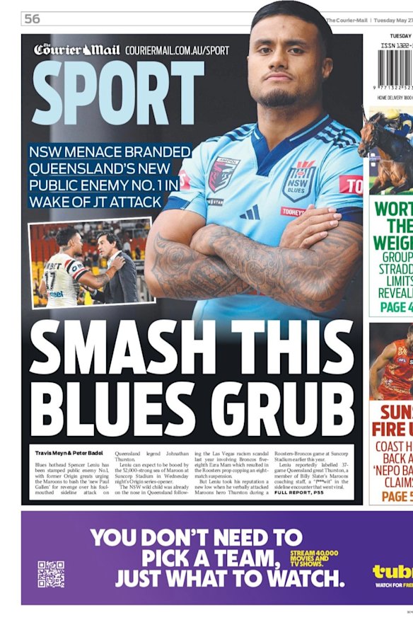 The Courier-Mail’s back page calling Spencer Leniu a ‘grub’.