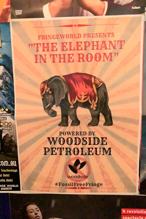 Protesters' anti-Woodside advertising materials during 2020's Fringe World. 