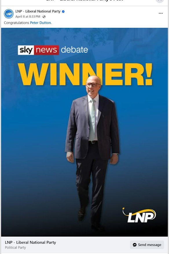 Peter Dutton was falsely declared the winner of the first debate against Anthony Albanese by his own party on social media.