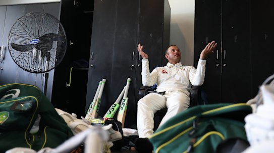 Usman Khawaja relaxes in the Galle dressing room.