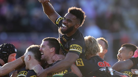 Somewhere underneath all his teammates is Panthers match-winner Nathan Cleary.