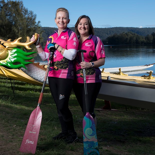 Fiona Dews (at left) and Rose Glassock: after surviving breast cancer, “the dragon boats brought us together”, says Dews.
