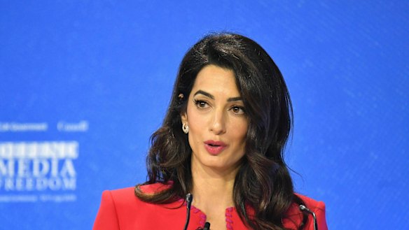 Human rights lawyer Amal Clooney speaks at the Media Freedom conference.