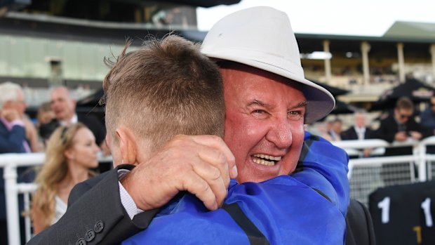 Worth the wait: An emotional Pat Webster hugs Blake Shinn.