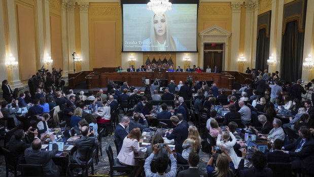An image of Ivanka Trump is displayed on a screen as the House select committee investigating the Jan. 6 attack on the US Capitol holds its first public hearing.