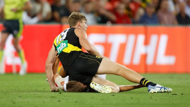 Tom Lynch knelt into the neck of St Kilda's Dougal Howard during last week's semi-final on the Gold Coast.