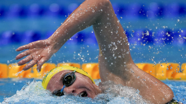 Ariarne Titmus, of Australia, swims in a heat during the women’s 400-meter freestyle.