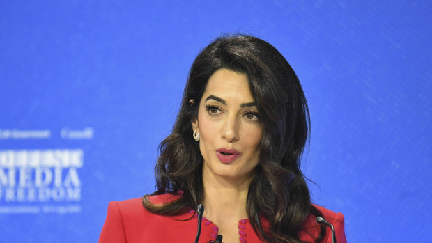 Human rights lawyer Amal Clooney speaks at the Media Freedom conference.