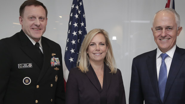Admiral Michael Rogers, US Secretary of Homeland Security Kirstjen Nielsen and then-PM Malcolm Turnbull attended a cyber dialogue roundtable in Washington DC in February. 