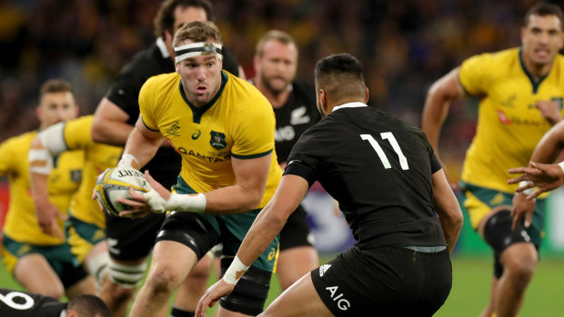 Izack Rodda on the charge for the Wallabies in 2019.