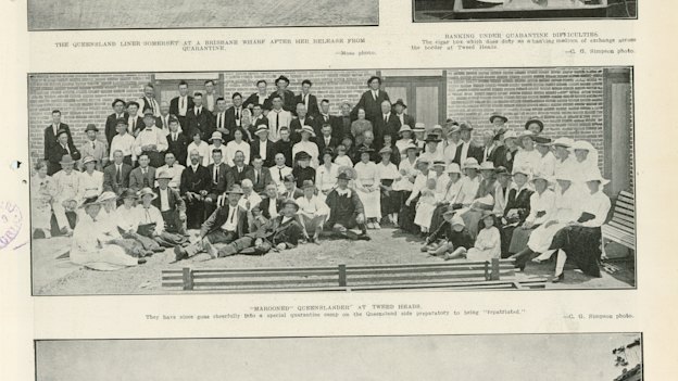 A page from the Queenslander Pictorial supplement to The Queenslander 15 February 1919, showing Queenslanders stranded in NSW following the border being closed.