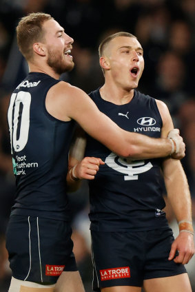 Patrick Cripps (right) is in top form and the Blues are better placed than they have ever been in his time at the club.