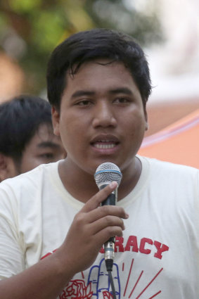 Democracy activist Sirawith Seritiwat leads a demonstration in May 2018.