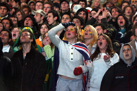 The 2006 World Cup Soccer match between Australia and Brazil drew thousands of fans.