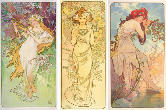 Alphonse Mucha’s The Seasons: Spring (1896); The Flowers: Rose; The Seasons: Summer (1896).