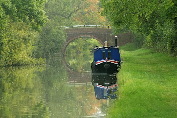 A traditional narrowboat moored near Foxton, Leicestershire.