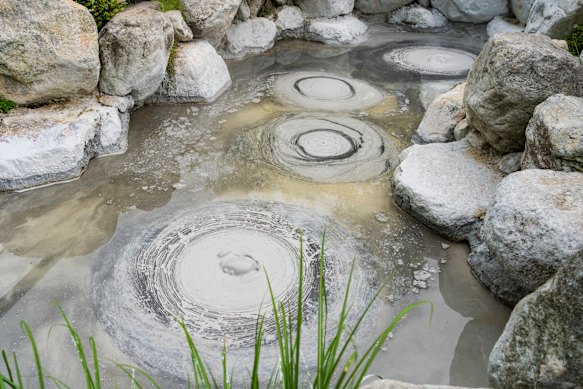 Bubbles form in grey mud at Shaven Monk’s Head Hell hot spring.
