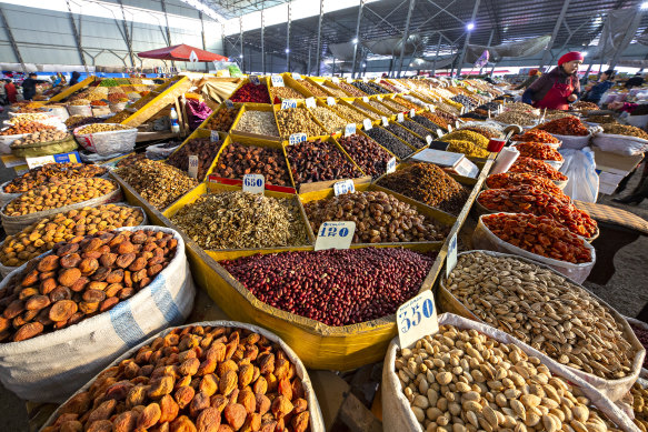 Dried fruits in Osh Bazaar, Bishkek, Kyrgyzstan. 