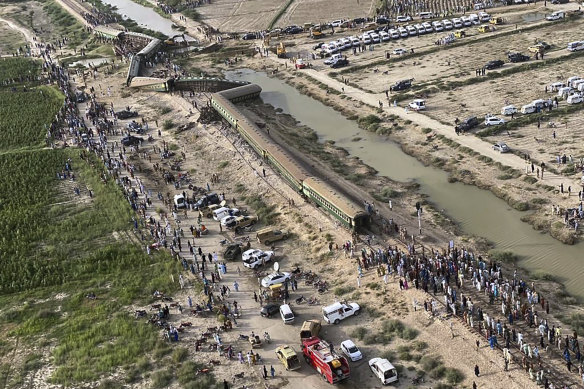 An aerial view of the site of a passenger train derailed near Nawabshah, Pakistan.