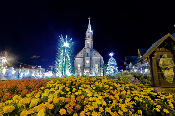 Festive street decorations outside St Peter’s Cathedral, Gramado, Brazil.