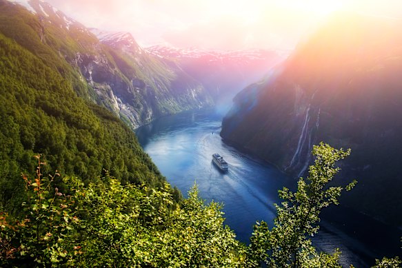 A view of Sunnylvsfjorden fjord and the famed Seven Sisters waterfalls, near Geiranger village in western Norway.