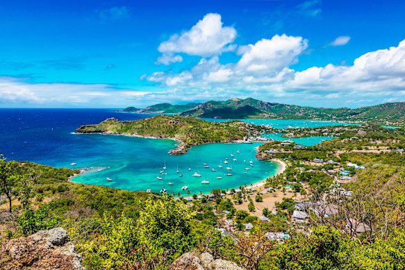 Harbour views from the Shirley Heights lookout in Antigua, Caribbean.