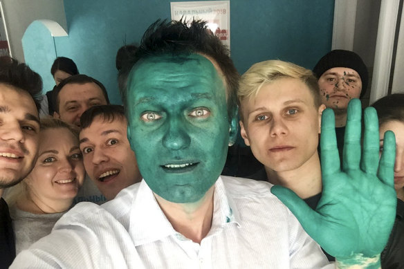 In 2017, Alexei Navalny kept posting his videos after an unknown assailant sprayed a bright green antiseptic on his face.