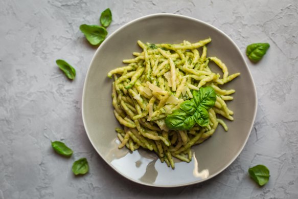 Trofie al pesto, a twisted pasta from the Liguria region.
