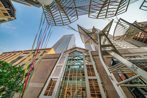 The redeveloped Stephen Avenue Walk crosses over the Plus 15 skywalk at several points.