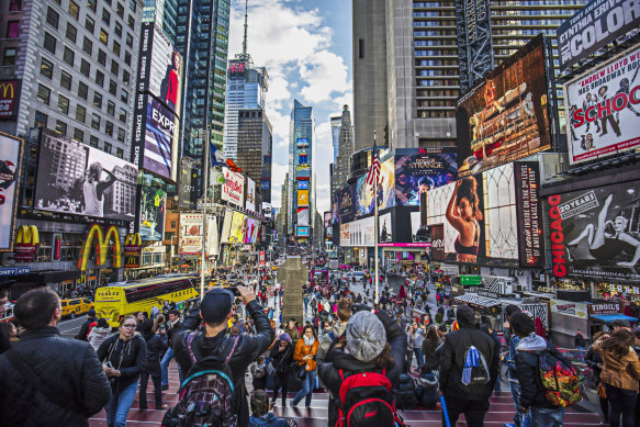 Times Square in New York. While Australian travellers have returned to the US, numbers are well down on where they were before the pandemic.