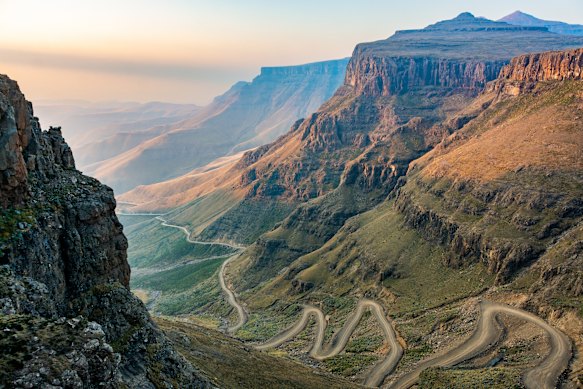 The winding Sani Pass dirt road between South Africa and Lesotho.