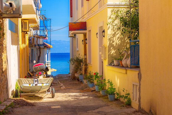 A serene street leads to the sea in  traditional fishing village of Koroni, south of Kalamata. 