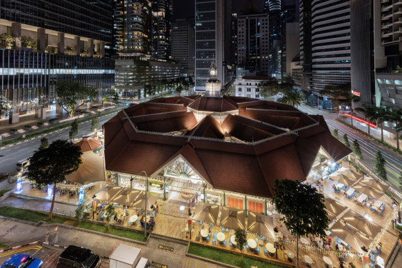 The beautifully ornate Lau Pa Sat hawker markets in the evening.