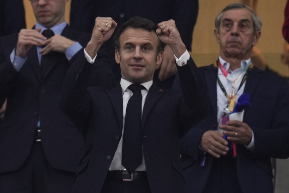 French president Emmanuel Macron gestures during the World Cup semifinal soccer match between France and Morocco at the Al Bayt Stadium in Al Khor, Qatar, on December 14.