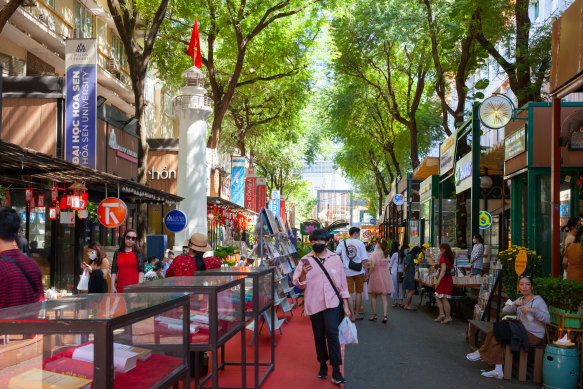 Sun-dappled Nguyen Van Binh Book Street.