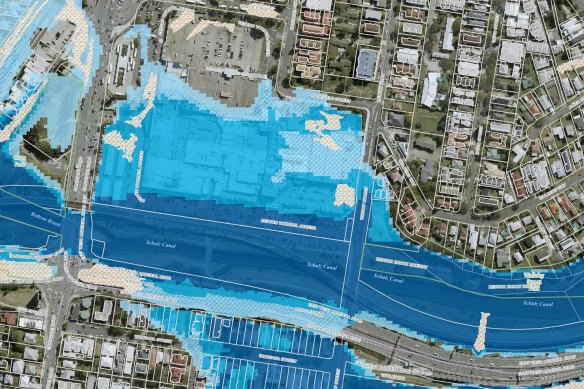 Brisbane City Council’s flood mapping for Toombul Shoppingtown shows in dark blue where there is a high chance (5%)  of flooding every year and in lighter blue where there is medium chance (1%) of flooding every year.