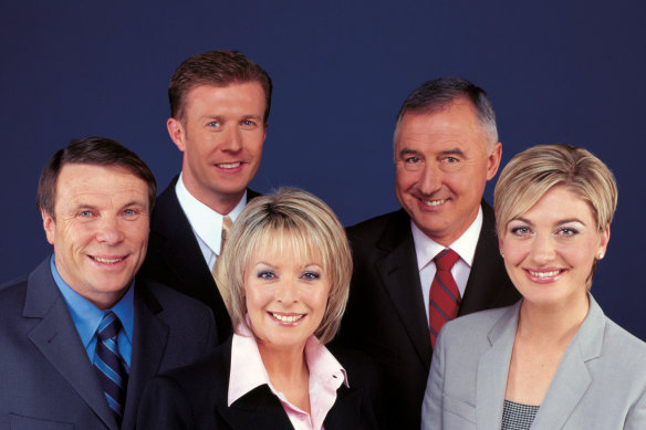 The 60 Minutes team in 2003: Charles Wooley, Peter Overton, Liz Hayes, Richard Carlton and Tara Brown.