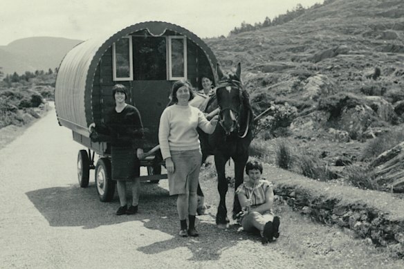 Mum leading a horse-drawn caravan in Ireland with Prince the horse in June 1965.