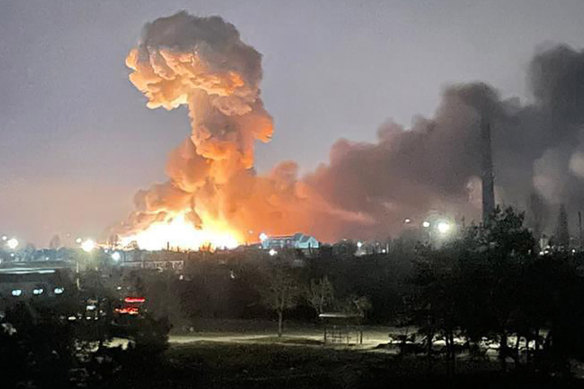 An explosion in Kyiv on the first day of the invasion.