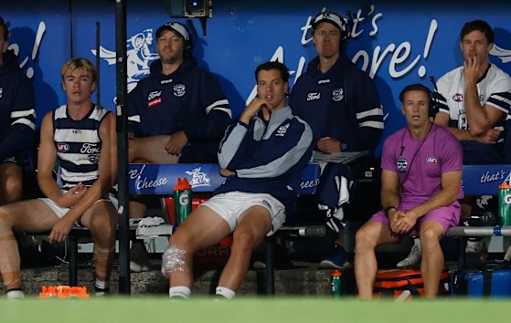 Geelong says Shannon Neale hurt his shin in a ruck contest.