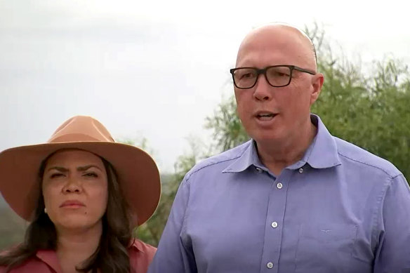 Opposition Leader Peter Dutton (right) with Coalition senator Jacinta Price in Alice Springs last week.