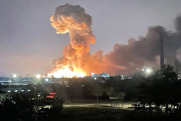An explosion in Kyiv on the first day of the invasion.