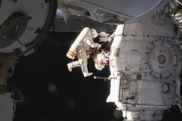 Russian cosmonaut Oleg Kononenko performs a spacewalk outside the International Space Station in 2018  inspecting a section where a mysterious leak had appeared.