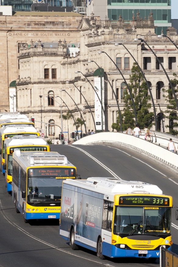Buses line up across the Victoria Bridge during peak hour in Brisbane.