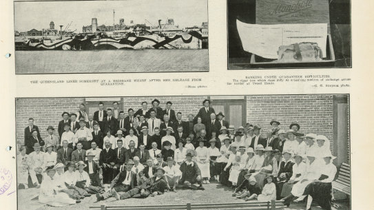 A page from the Queenslander Pictorial supplement to The Queenslander 15 February 1919, showing Queenslanders stranded in NSW following the border being closed.