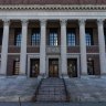 The Harry Welkins Widener Memorial Library on the Harvard University campus in Cambridge, Massachusetts.