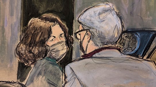 A courtroom sketch shows Ghislaine Maxwell, left, conferring with her defence attorney Bobbi Sternheim.